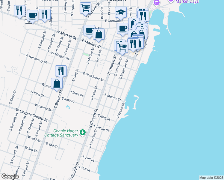 map of restaurants, bars, coffee shops, grocery stores, and more near 912 South Magnolia Street in Rockport