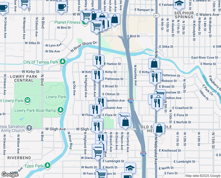 map of restaurants, bars, coffee shops, grocery stores, and more near 117 East Broad Street in Tampa
