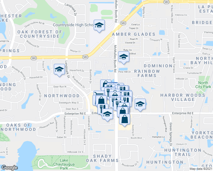 map of restaurants, bars, coffee shops, grocery stores, and more near 3078 Eastland Boulevard in Clearwater