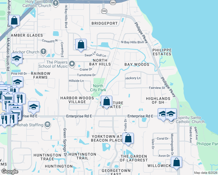 map of restaurants, bars, coffee shops, grocery stores, and more near 74 Bay Woods Drive in Safety Harbor
