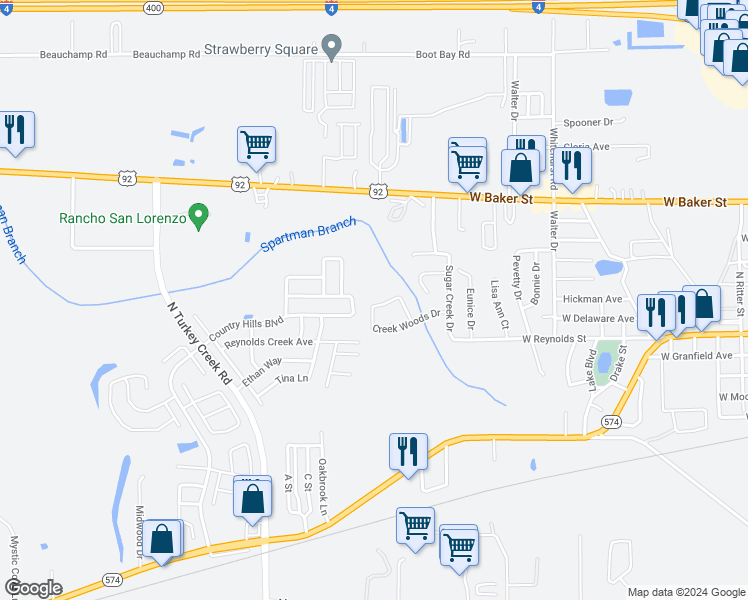 map of restaurants, bars, coffee shops, grocery stores, and more near 3931 Creek Woods Drive in Plant City