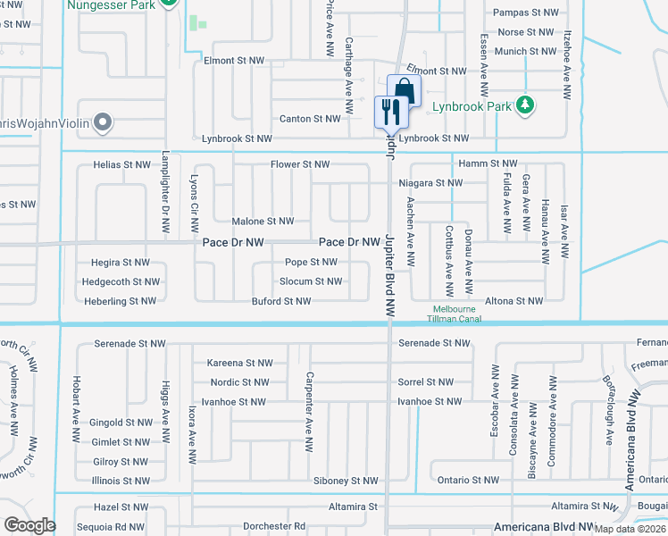 map of restaurants, bars, coffee shops, grocery stores, and more near 962 Slocum Street Northwest in Palm Bay