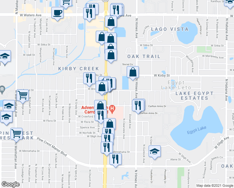 map of restaurants, bars, coffee shops, grocery stores, and more near 7222 North Sterling Avenue in Tampa