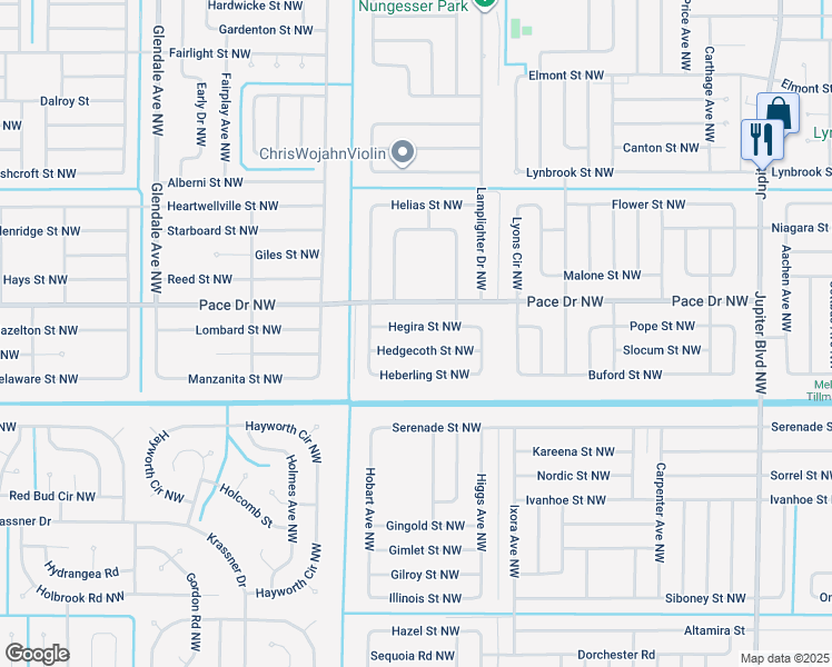 map of restaurants, bars, coffee shops, grocery stores, and more near 1312 Hegira Street Northwest in Palm Bay