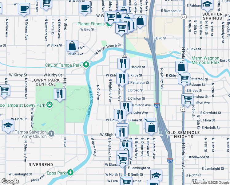 map of restaurants, bars, coffee shops, grocery stores, and more near 211 West Clinton Street in Tampa