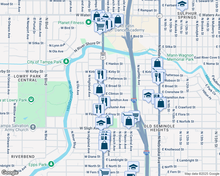 map of restaurants, bars, coffee shops, grocery stores, and more near 111 East Broad Street in Tampa