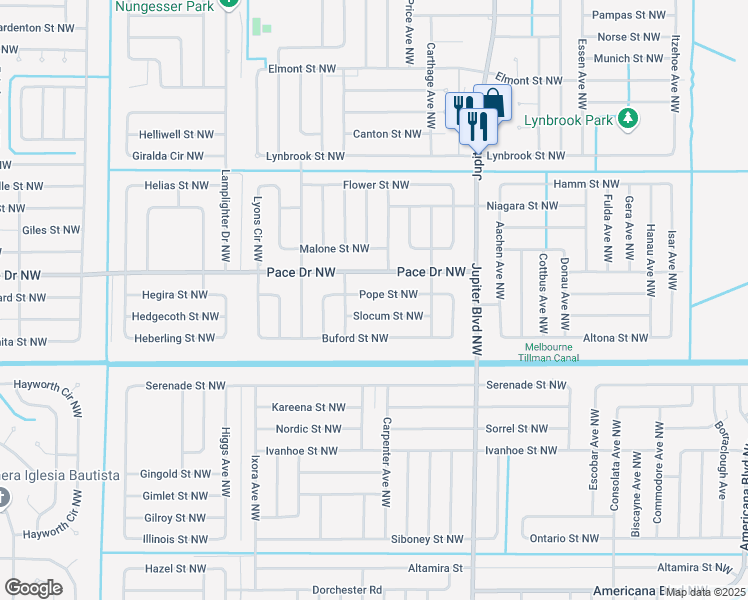 map of restaurants, bars, coffee shops, grocery stores, and more near 1020 Pope Street Northwest in Palm Bay