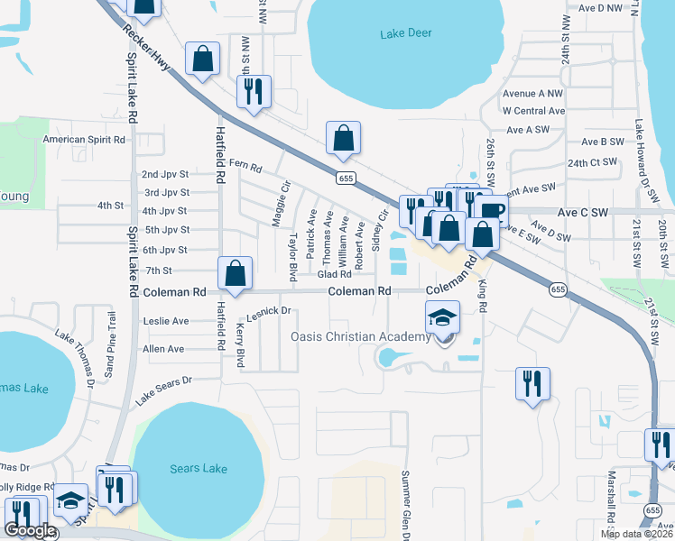 map of restaurants, bars, coffee shops, grocery stores, and more near 706 Glad Road in Winter Haven