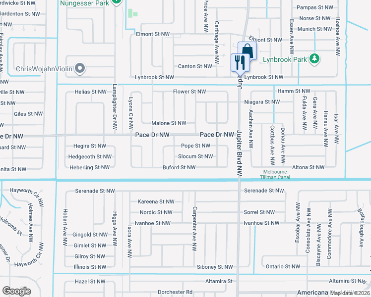 map of restaurants, bars, coffee shops, grocery stores, and more near 1030 Pope Street Northwest in Palm Bay