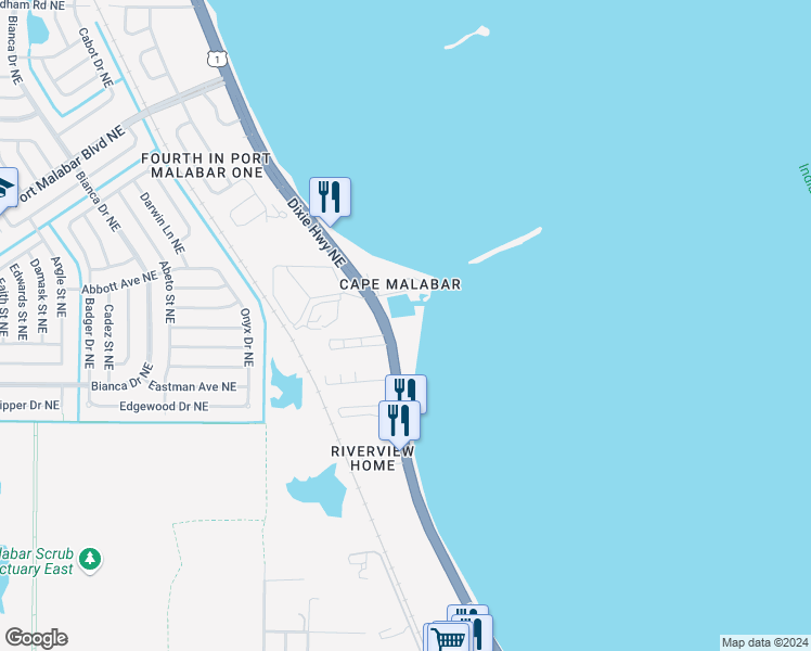 map of restaurants, bars, coffee shops, grocery stores, and more near 5040 Overlook Drive in Palm Bay