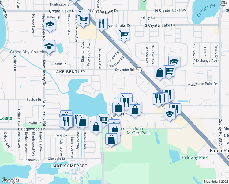 map of restaurants, bars, coffee shops, grocery stores, and more near 2025 Sylvester Road in Lakeland