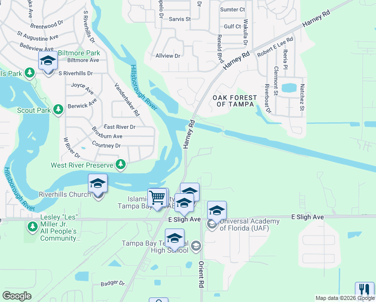 map of restaurants, bars, coffee shops, grocery stores, and more near in East Lake-Orient Park