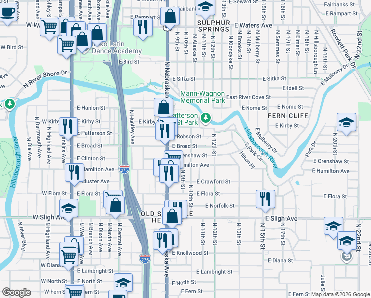 map of restaurants, bars, coffee shops, grocery stores, and more near 1002 East Crenshaw Street in Tampa