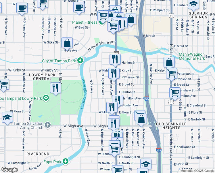 map of restaurants, bars, coffee shops, grocery stores, and more near 211 West Clinton Street in Tampa