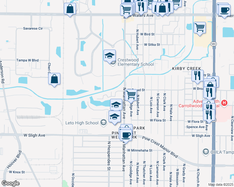 map of restaurants, bars, coffee shops, grocery stores, and more near 7209 North Manhattan Avenue in Tampa