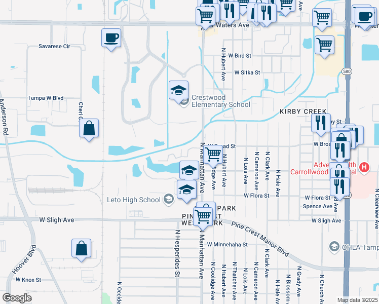 map of restaurants, bars, coffee shops, grocery stores, and more near 7209 North Manhattan Avenue in Tampa