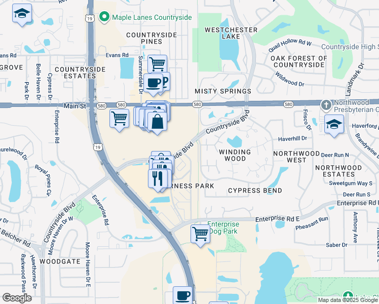 map of restaurants, bars, coffee shops, grocery stores, and more near 2589 Countryside Boulevard in Clearwater