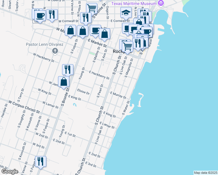map of restaurants, bars, coffee shops, grocery stores, and more near 814 East Murray Street in Rockport