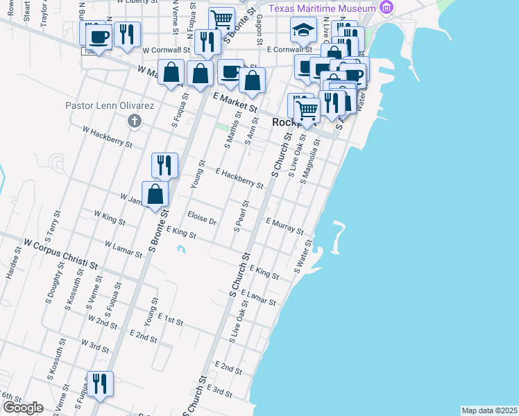 map of restaurants, bars, coffee shops, grocery stores, and more near 814 East Murray Street in Rockport