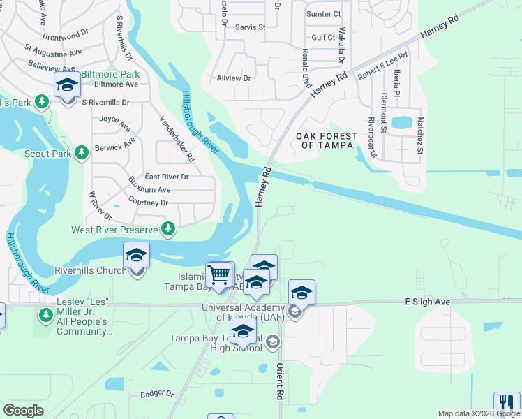 map of restaurants, bars, coffee shops, grocery stores, and more near in East Lake-Orient Park