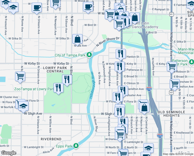 map of restaurants, bars, coffee shops, grocery stores, and more near 7312 North Ola Avenue in Tampa