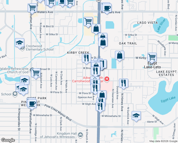 map of restaurants, bars, coffee shops, grocery stores, and more near 7220 North Church Avenue in Tampa