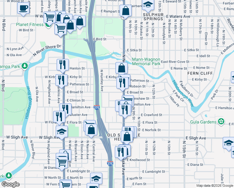 map of restaurants, bars, coffee shops, grocery stores, and more near 815 East Broad Street in Tampa