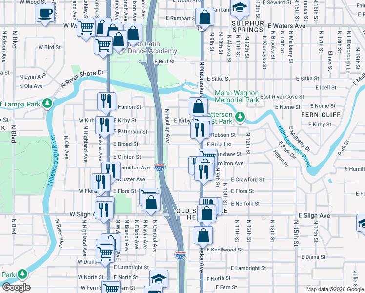 map of restaurants, bars, coffee shops, grocery stores, and more near 803 East Broad Street in Tampa