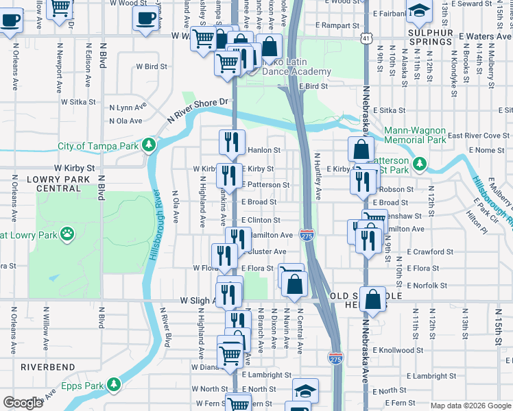 map of restaurants, bars, coffee shops, grocery stores, and more near 110 East Clinton Street in Tampa