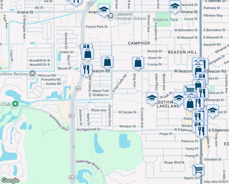 map of restaurants, bars, coffee shops, grocery stores, and more near 942 Golden Rule Court South in Lakeland