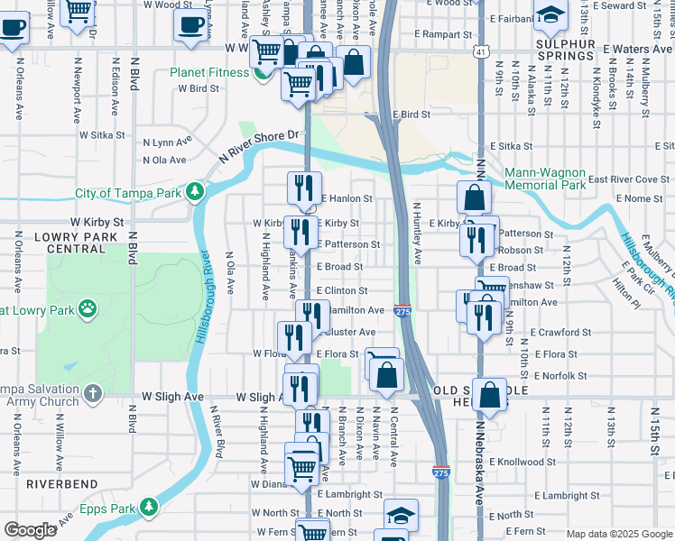 map of restaurants, bars, coffee shops, grocery stores, and more near 110 East Clinton Street in Tampa