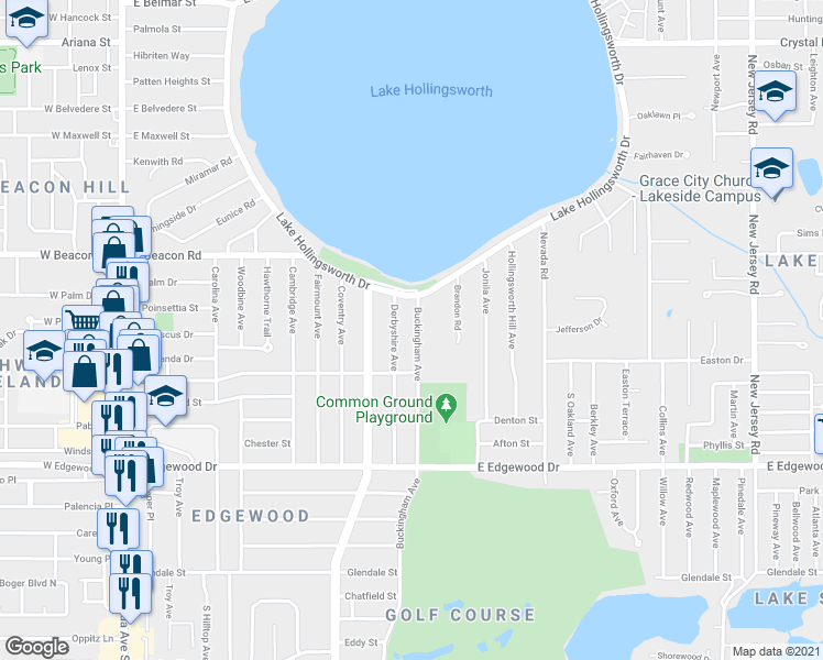 map of restaurants, bars, coffee shops, grocery stores, and more near 2313 Buckingham Avenue in Lakeland