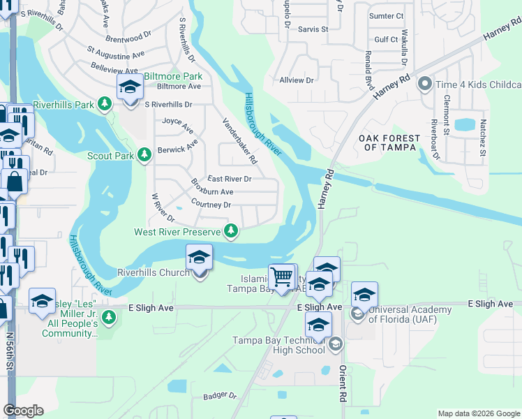 map of restaurants, bars, coffee shops, grocery stores, and more near 806 Lamont Place in Temple Terrace