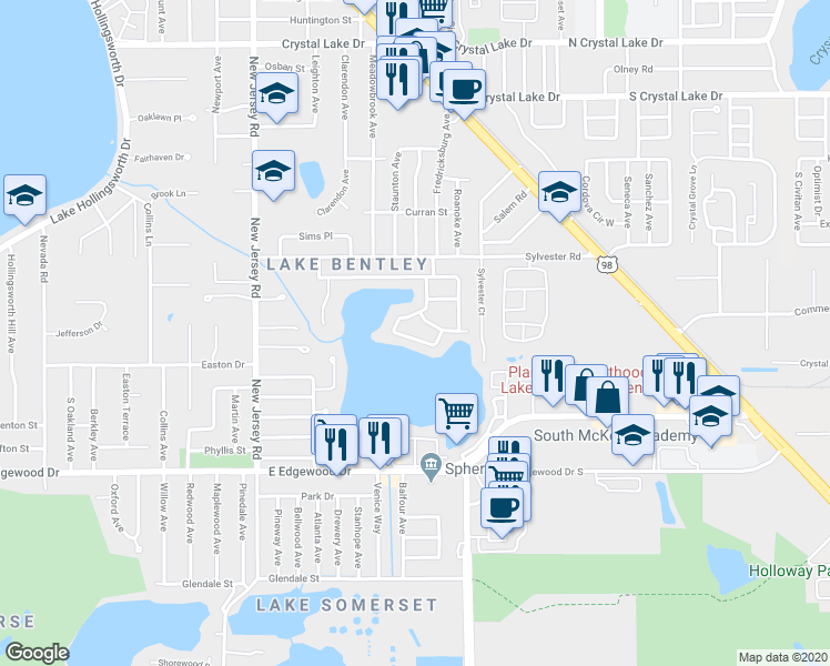 map of restaurants, bars, coffee shops, grocery stores, and more near 2244 Nottingham Road in Lakeland