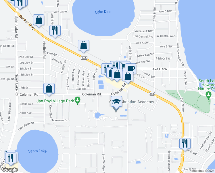 map of restaurants, bars, coffee shops, grocery stores, and more near 85 Deena Way in Winter Haven