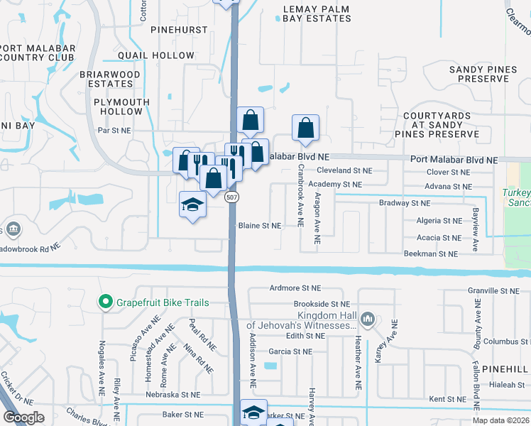 map of restaurants, bars, coffee shops, grocery stores, and more near 710 Azure Avenue Northeast in Palm Bay