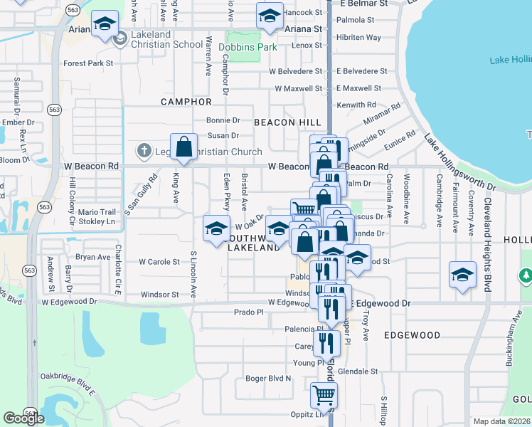 map of restaurants, bars, coffee shops, grocery stores, and more near 514 West Oak Drive in Lakeland
