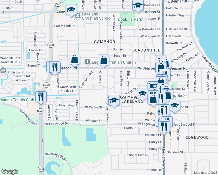map of restaurants, bars, coffee shops, grocery stores, and more near 632 West Oak Drive in Lakeland