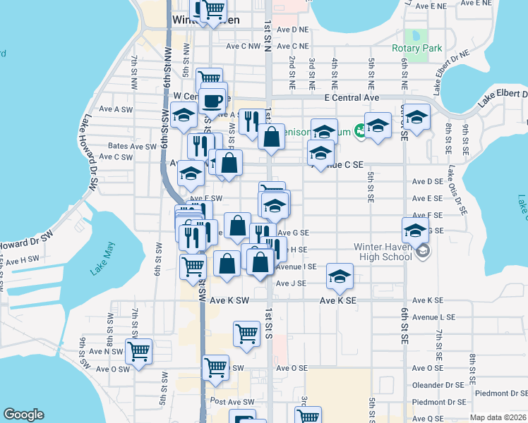 map of restaurants, bars, coffee shops, grocery stores, and more near 124 Avenue F Southeast in Winter Haven