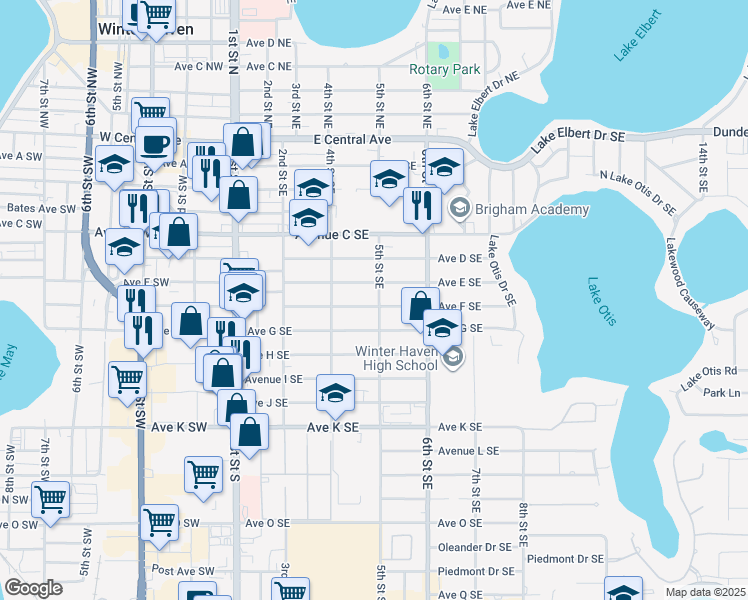 map of restaurants, bars, coffee shops, grocery stores, and more near 454 Avenue F Southeast in Winter Haven