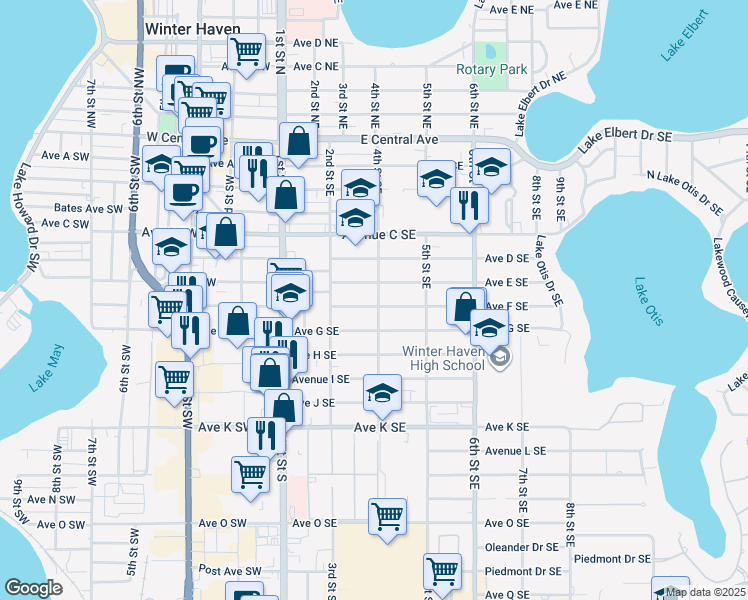 map of restaurants, bars, coffee shops, grocery stores, and more near 343 Avenue F Southeast in Winter Haven