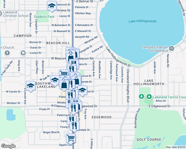 map of restaurants, bars, coffee shops, grocery stores, and more near 411 East Hibiscus Drive in Lakeland