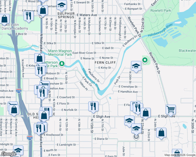 map of restaurants, bars, coffee shops, grocery stores, and more near 1622 East Mulberry Drive in Tampa