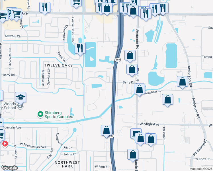 map of restaurants, bars, coffee shops, grocery stores, and more near 7227 Bellingham Oaks Boulevard in Tampa