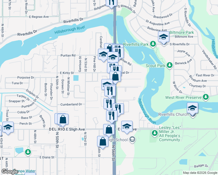 map of restaurants, bars, coffee shops, grocery stores, and more near 7504 Needle Leaf Place in Tampa