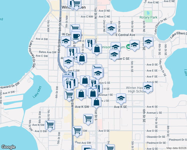map of restaurants, bars, coffee shops, grocery stores, and more near 124 Avenue F Southeast in Winter Haven
