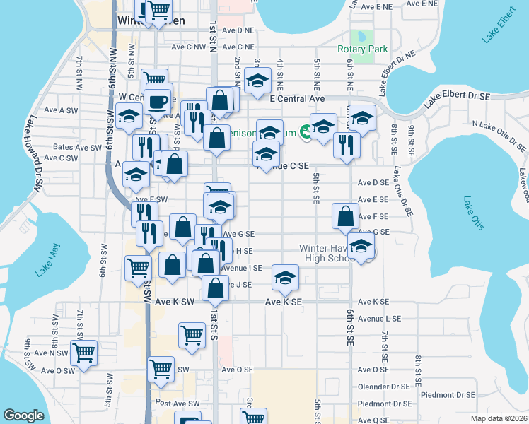 map of restaurants, bars, coffee shops, grocery stores, and more near 608 2nd Street Southeast in Winter Haven