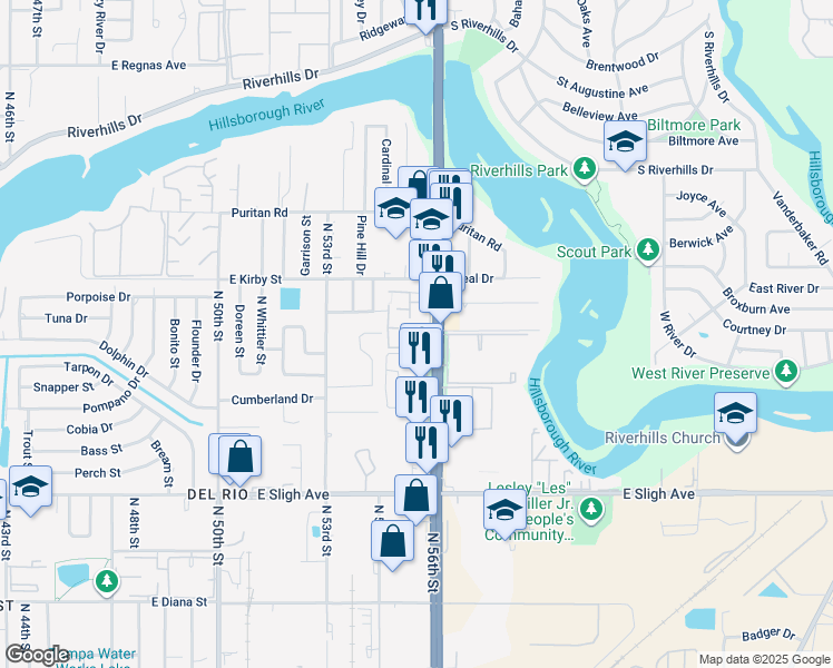 map of restaurants, bars, coffee shops, grocery stores, and more near 7512 Needle Leaf Place in Tampa