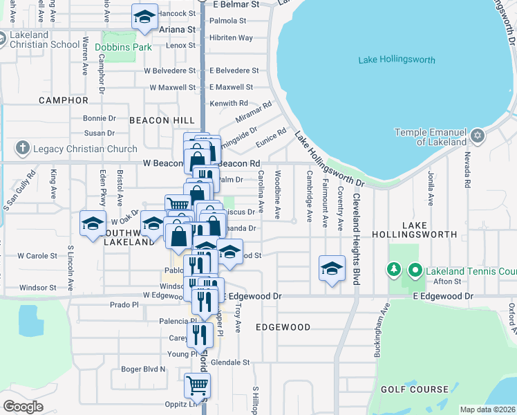 map of restaurants, bars, coffee shops, grocery stores, and more near 420 Hibiscus Drive in Lakeland