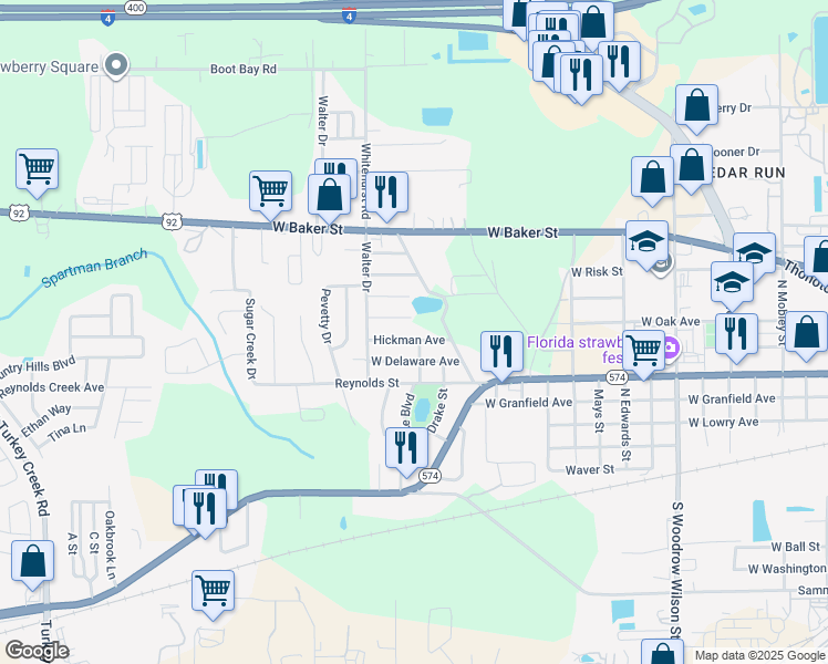 map of restaurants, bars, coffee shops, grocery stores, and more near 3302 West Delaware Avenue in Plant City